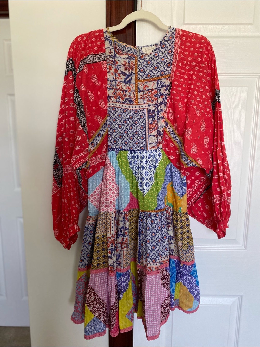 Red Patchwork Print Mini Dress - Boho Style